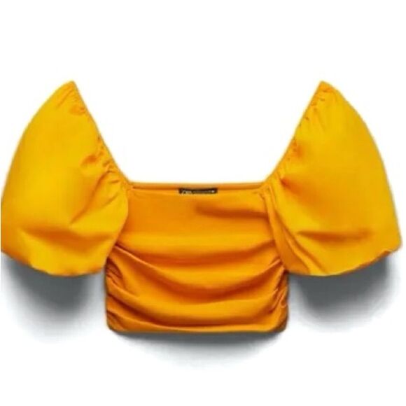 Zara Neon Orange Puff Sleeve Ruched Crop Top - Picture 4 of 9